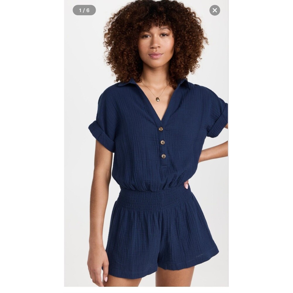 Navy Cotton Gauze Romper Smocked Waist Button Front Shorts Z Supply Size M
